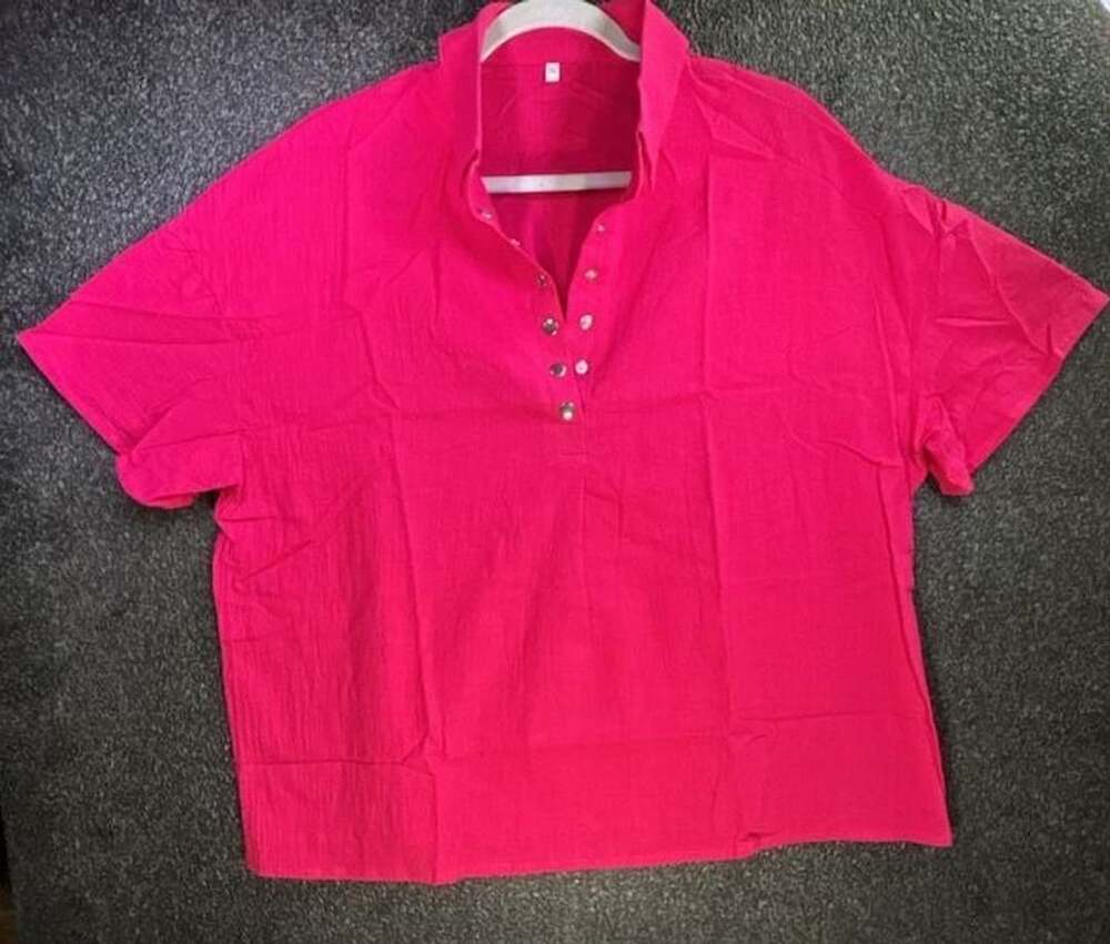 Short Sleeve Cotton Linen Henley Shirt Hot Pink